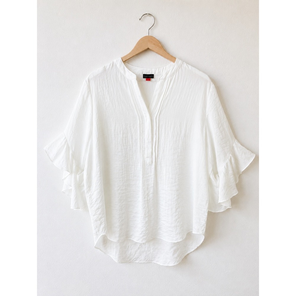 Vince Camuto White Pintuck Flutter Sleeve Rumple Satin Blouse L Hi-Lo Hem Boho